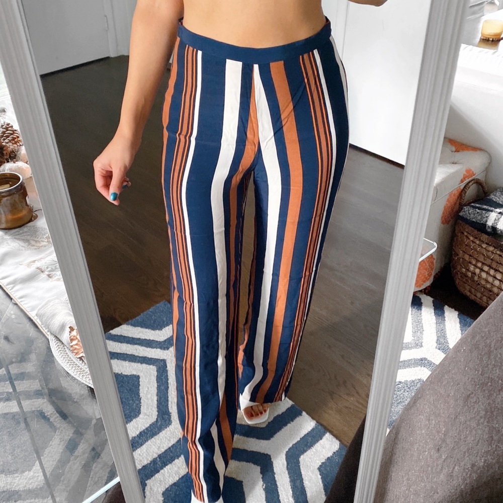 🍂 TOPSHOP DARK BLUE BURNT ORANGE WIDE LEG HIGH WAIST STRIPE PANTS!